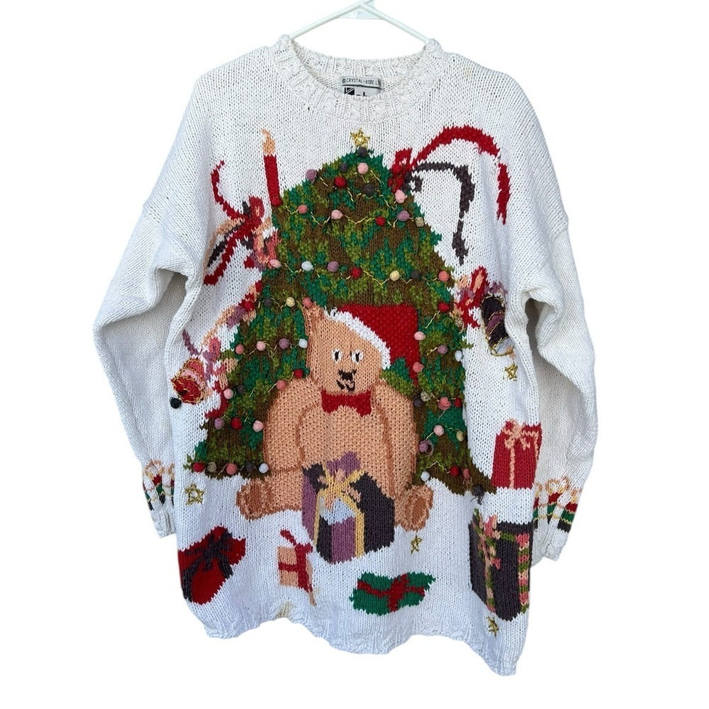 Vintage 80’s Crystal Kobe Christmas Teddy Bear Sweater - Size Large Women’s - Picture 4 of 12